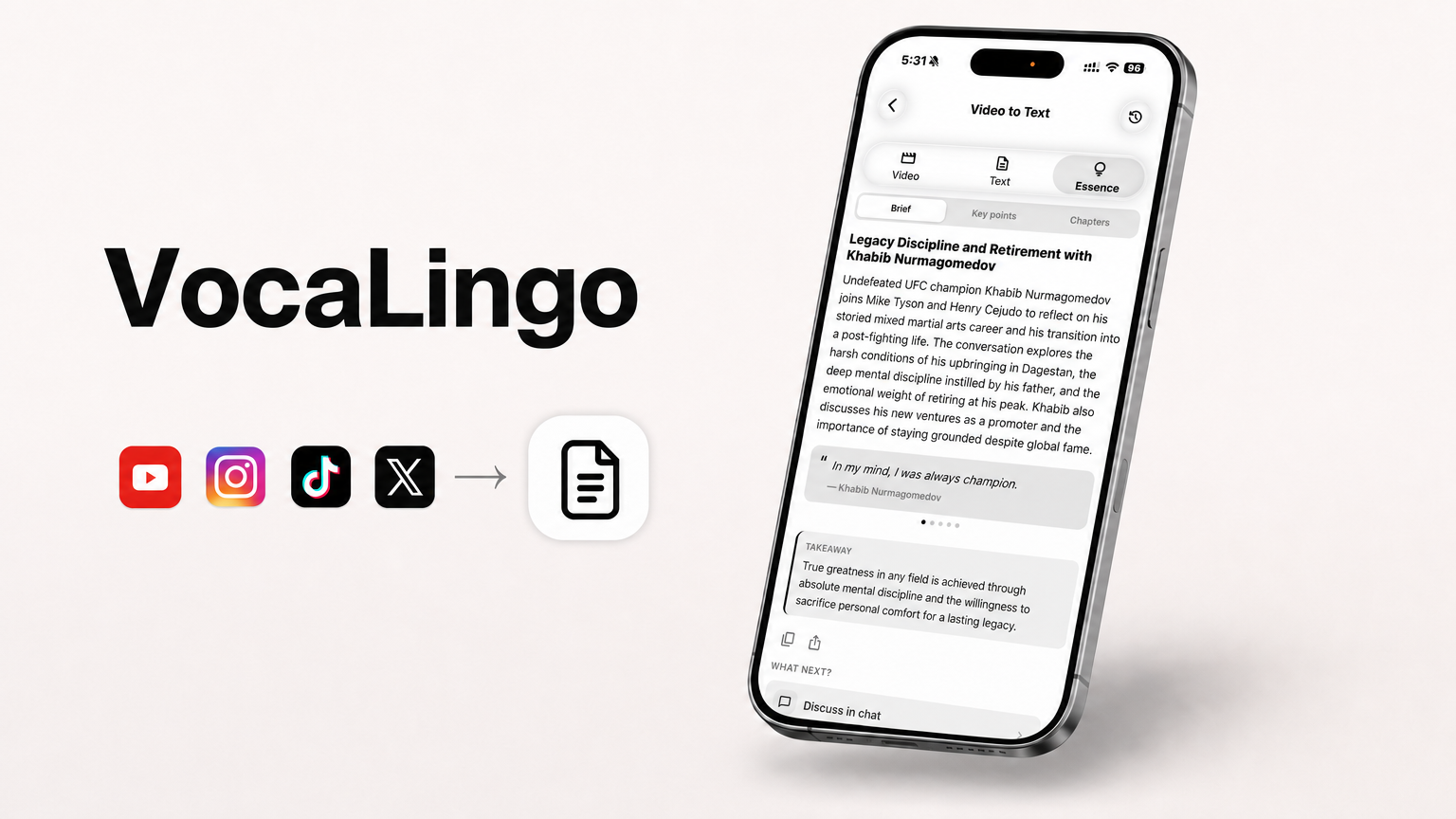 Turning a YouTube video into a text transcript and a short summary with VocaLingo